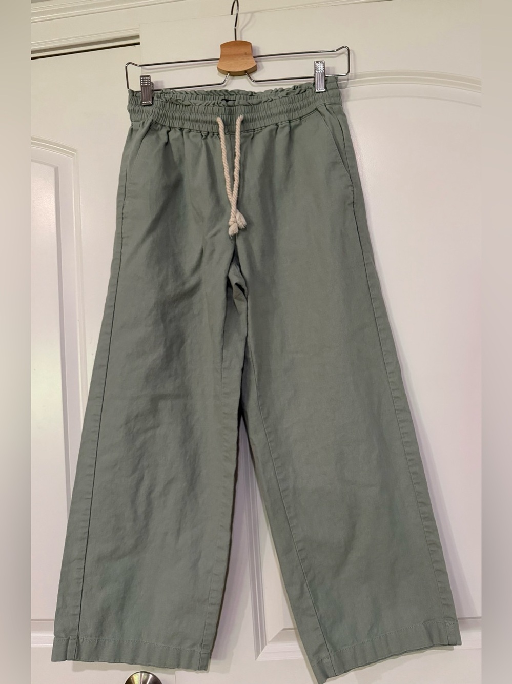 JCrew Factory Linen-Cotton Blend Wide Leg Paper-Bag Pant, Dusty Mint, Size 2